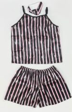 ست لباس خواب ساتن راه‌راه مشکی و صورتی فانتزی به همراه کش مو