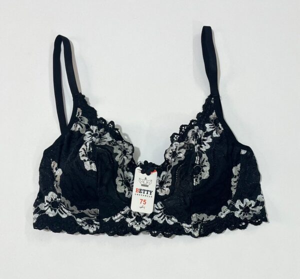 سوتین فنردار مشکی برند بتی مدل بدون اسفنج با طرح گل‌های نقره‌ای و لبه‌های دالبر