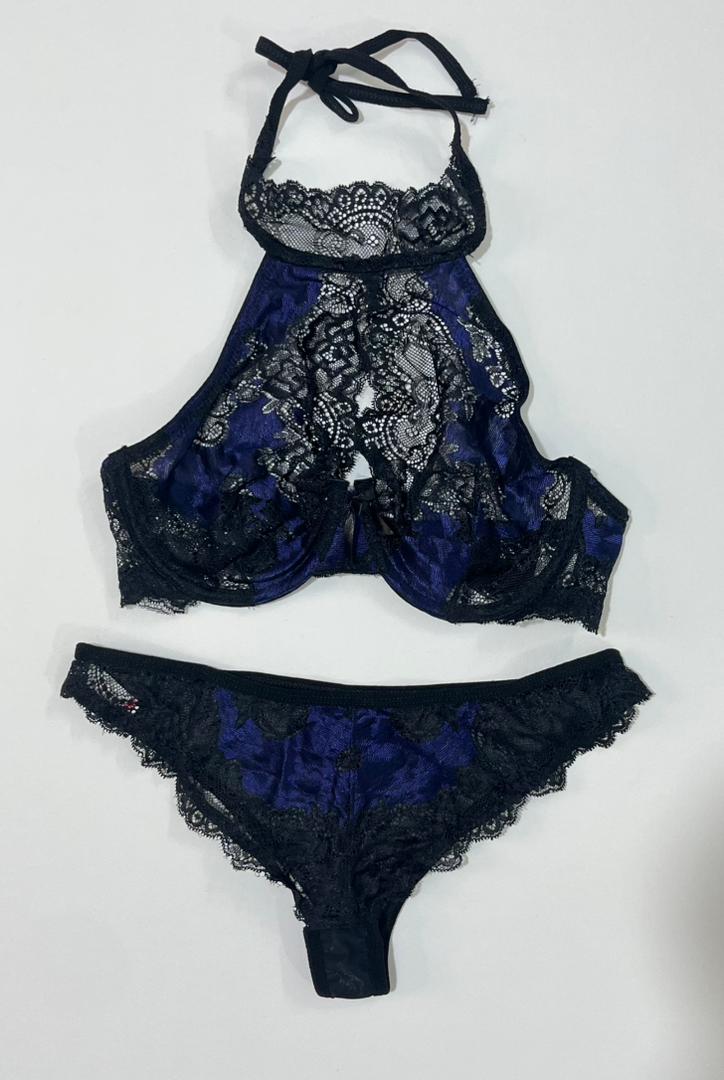 blue-black-lace-lingerie-set ست-شورت-و-سوتین-فانتزی-دانتل-آبی-مشکی-مدل-گردنی