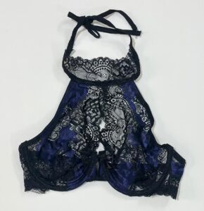 سوتین فانتزی دانتل مدل گردنی با کاپ فنردار رنگ آبی کاربنی