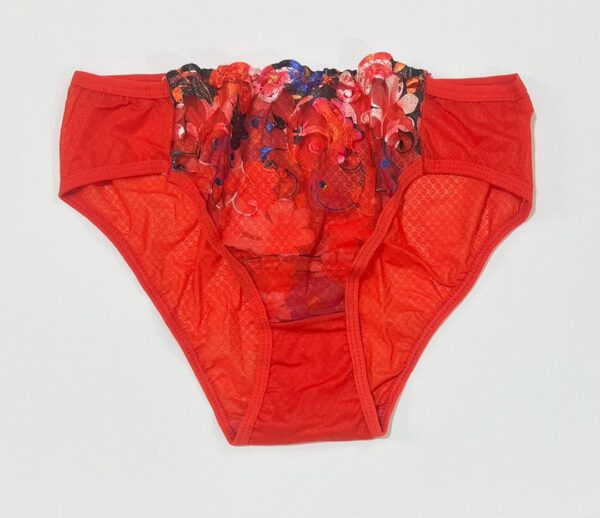 شورت زنانه آجری راحتی با پنل جلویی از جنس تور شیشه‌ای بدن‌نما و طرح گلدوزی ست با سوتین