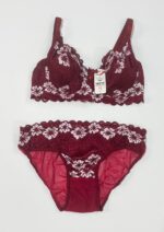 ست کامل لباس زیر زنانه زرشکی شرابی مارک بتی با گلدوزی گیپور صورتی روشن