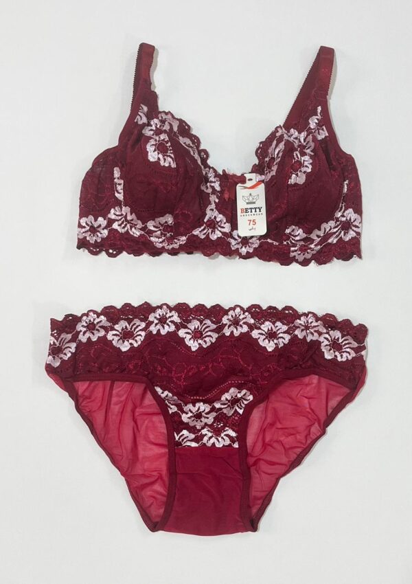 ست کامل لباس زیر زنانه زرشکی شرابی مارک بتی با گلدوزی گیپور صورتی روشن