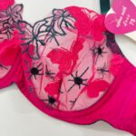 نمای نزدیک گلدوزی ظریف طرح پروانه و عنکبوتی روی کاپ سوتین توری