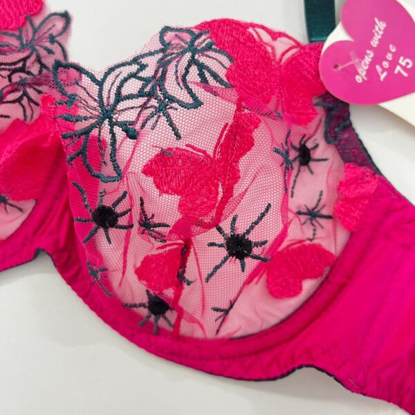 نمای نزدیک گلدوزی ظریف طرح پروانه و عنکبوتی روی کاپ سوتین توری