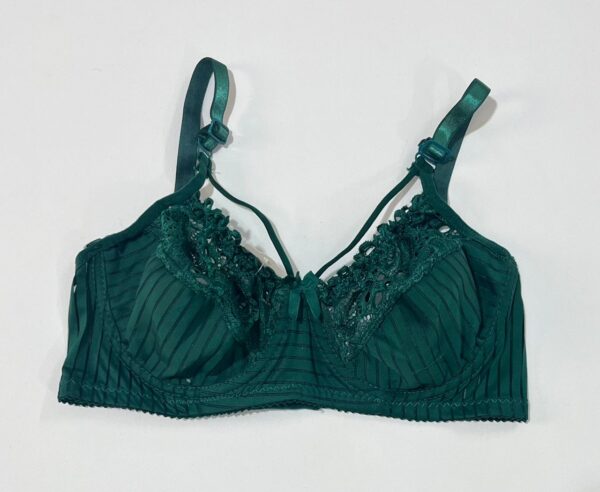 نمای روبروی سوتین سبز زمردی در ست شورت و سوتین هارنس دار