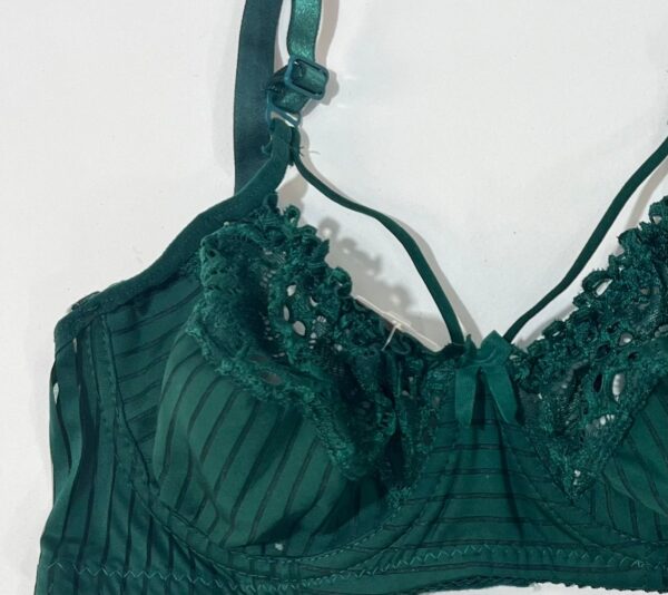 جزئیات بندهای هارنس و گیپور روی سینه در ست شورت و سوتین هارنس دار سبز