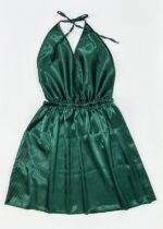 پیراهن خواب ساتن سبز زمردی تیره مدل بندی پشت گردنی