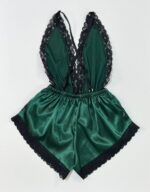 لباس خواب سرهمی ساتن سبز مدل پشت باز با بند ضربدری