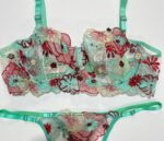 نمای نزدیک گلدوزی گل‌های قرمز و زرشکی روی تور سبز نعنایی سوتین