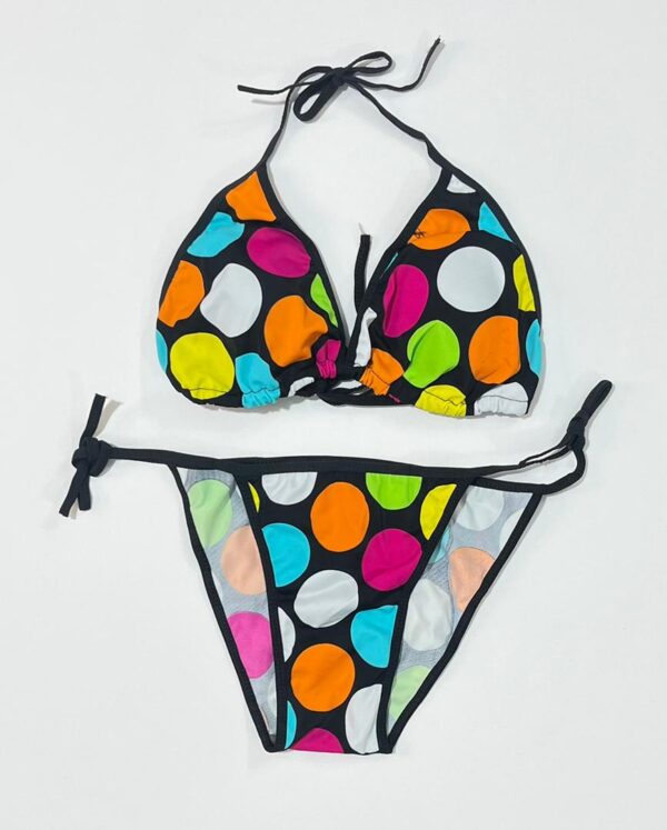 مایو بیکینی دو تکه زمینه مشکی با طرح توپی و خالدار نئونی