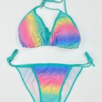 مایو بیکینی دو تکه طرح رنگین کمانی پاستلی با بند گره ای سبزآبی