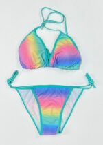 مایو بیکینی دو تکه طرح رنگین کمانی پاستلی با بند گره ای سبزآبی