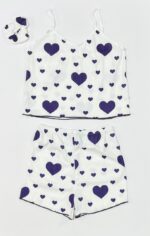 ست تاپ و شلوارک کبریتی سفید با طرح قلب های بنفش تیره به همراه کش مو ست