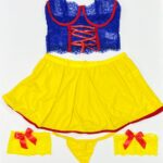 ست کامل ۴ تکه کاستوم فانتزی زنانه طرح سفید برفی با دامن زرد قناری و نیم‌تنه آبی