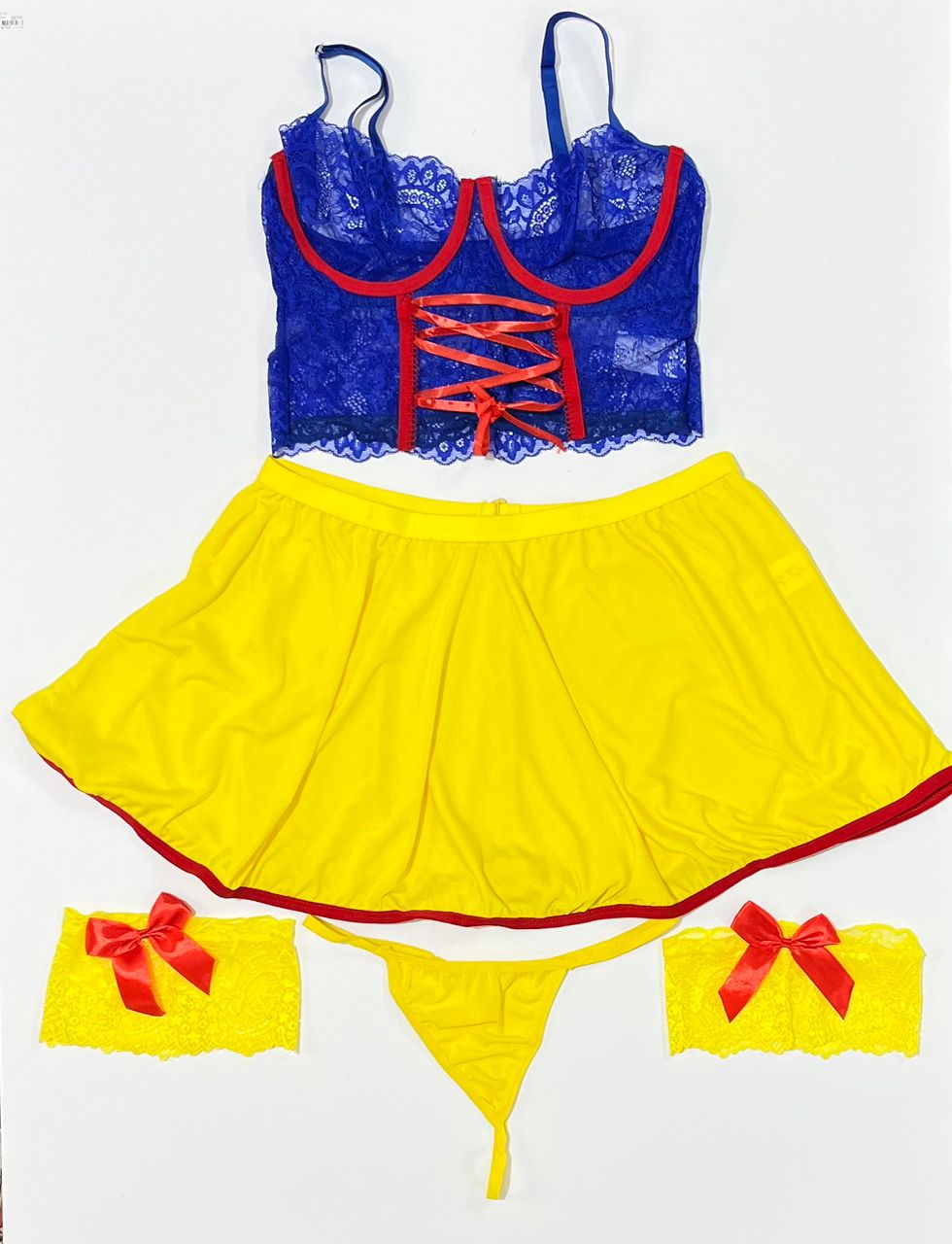 snow-white-fantasy-lingerie-costume-full-set ست کامل ۴ تکه کاستوم فانتزی زنانه طرح سفید برفی با دامن زرد قناری و نیمتنه آبی