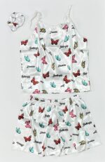 ست لباس خواب دخترانه ساتن سفید با طرح پروانه‌های رنگی و نوشته انگلیسی