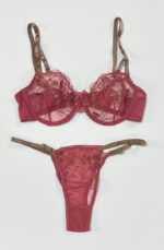 ست لباس زیر دو تکه زنانه مدل فنردار توری با هارمونی رنگ سرخابی و بندهای برنزی