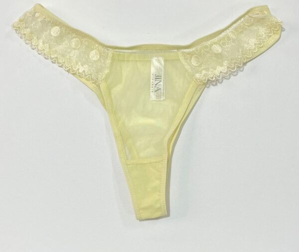 شورت فانتزی زنانه مدل لامبادا (استرینگ) با تور بدن‌نما و نوار دانتل زرد روشن